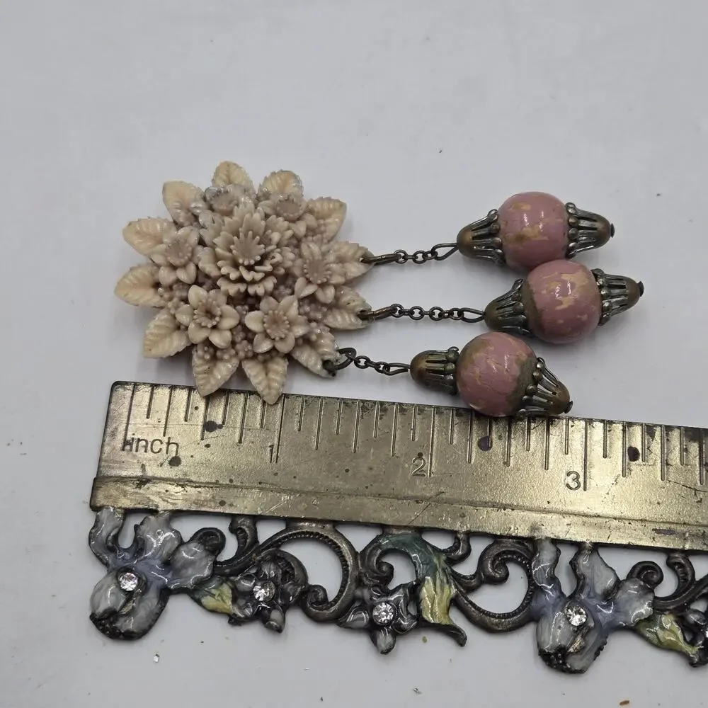 Vintage 1930s 40s Carved Celluloid Flower Brooch with Pink Dangles
